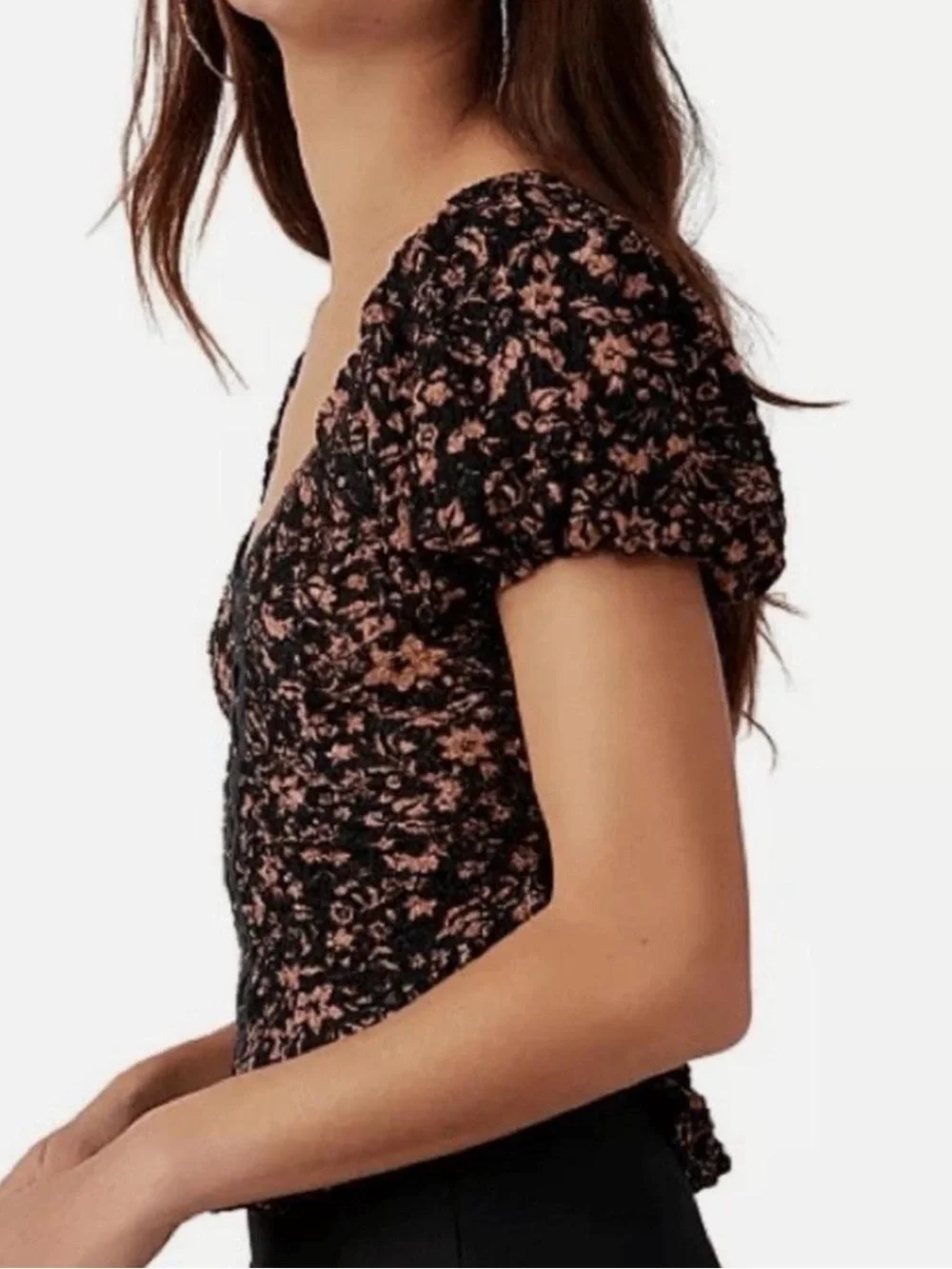 Free People Black Puff Sleeve Floral Lace-Trim Blouse oh baby corset medium